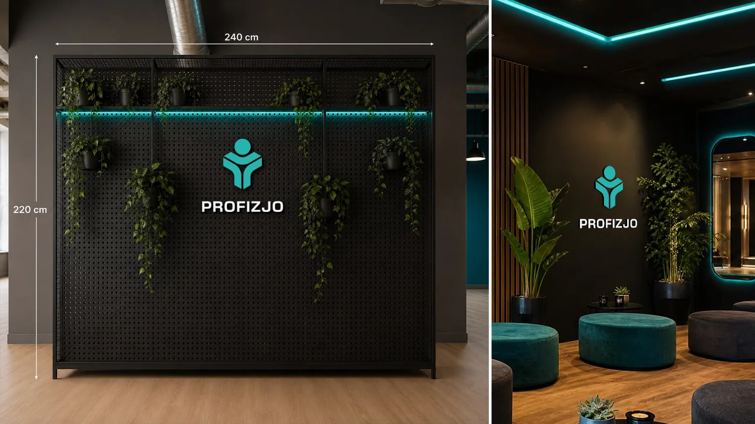 Premium wnętrze studia PROFIZJO z turkusowym światłem i zielenią